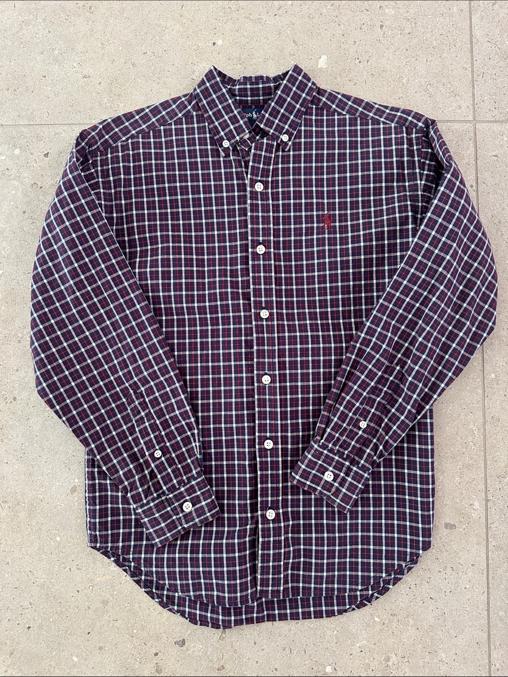 Ralph Lauren Boys Burgundy and Navy Plaid Button-Down Shirt size M